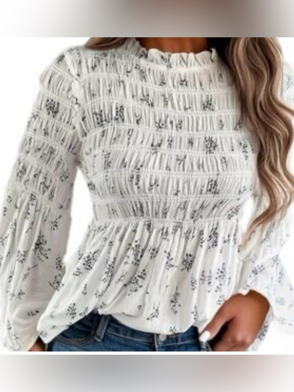 Adiva Smocked High Neck Flare Sleeves Floral Blouse Lightweight sz large